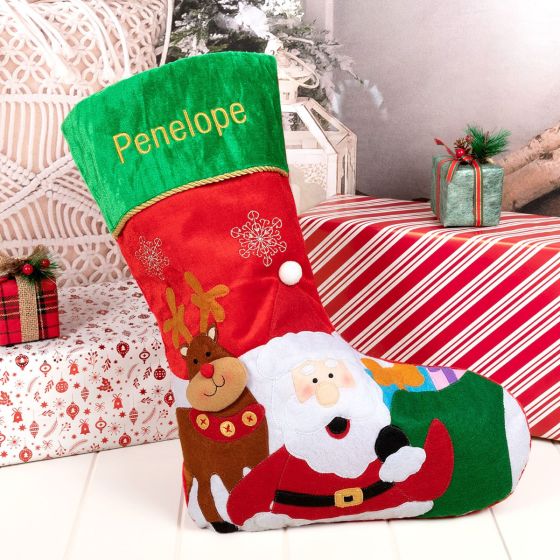 Customised Gold Embroidered Name Santa and Reindeer Stocking