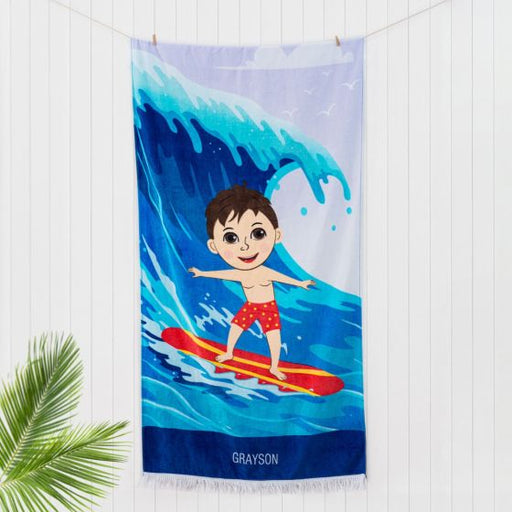 Personalised White Embroidered Blue Surfer Boys Beach Towel