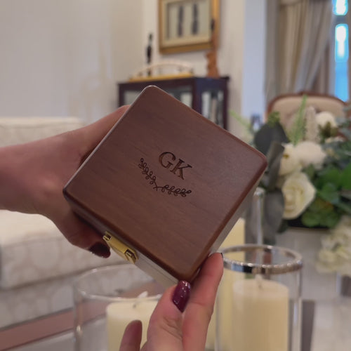 Personalised walnut wooden single watch box with engraved name, velvet cushion and gold clasp