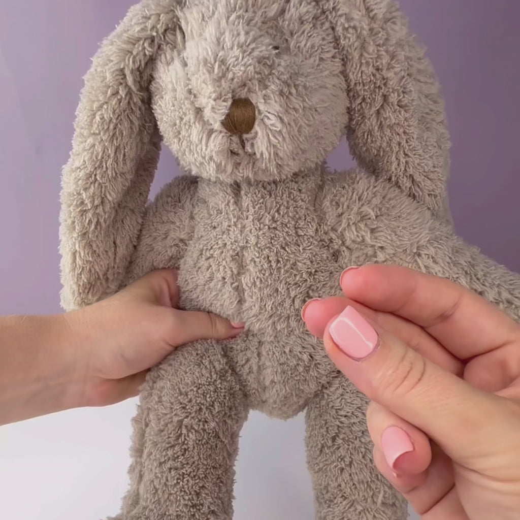 Personalised Mrs Honey Bunny plush toy with child’s name embroidered on dusty pink dress