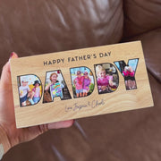 Personalised DADDY wooden photo block with five family photos and Happy Father’s Day message