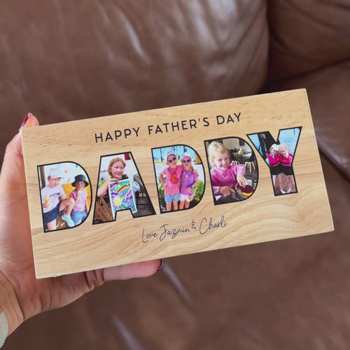 Personalised DADDY wooden photo block with five family photos and Happy Father’s Day message