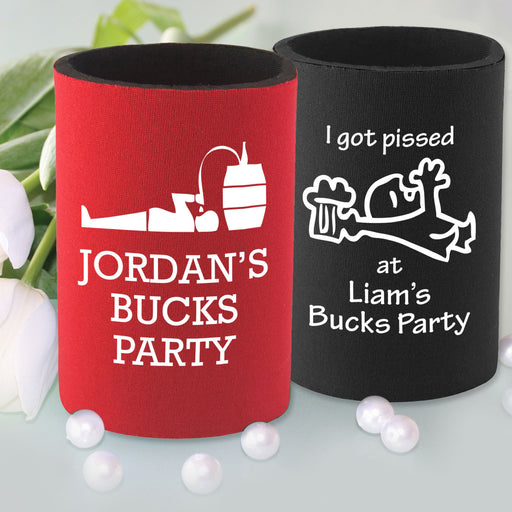 Printed "I got Pissed at [groom's] Buck's Party"  Stubby Holders Favours