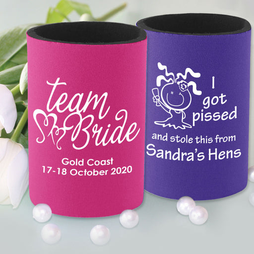 Personalised Printed Hens Party Pink & Purple Stubby Holders