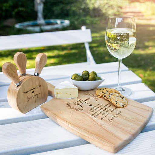 Personalised Engraved Ultimate Mother's Day Hamper Present- Wooden Paddle Board, Wine Glass, Cheese Knife Set
