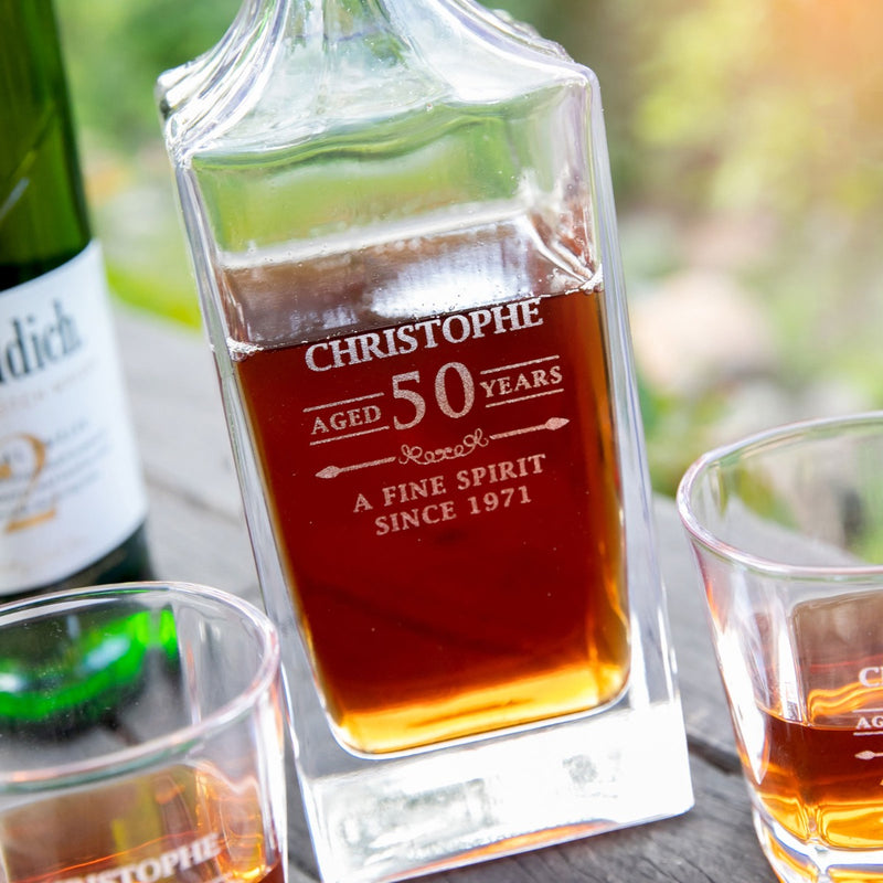 Custom Artwork Engraved Milestone Birthday Square Decanter 50th Gift
