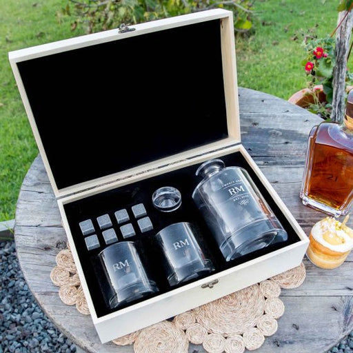 Personalised Engraved Birthday Round Decanter and Scotch Glasses with Whiskey Stones and Wooden Box