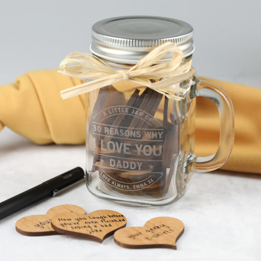 Personalised Engraved Father's Day "30 reasons why i love you" Mason Jar filled with Wooden Hearts Present
