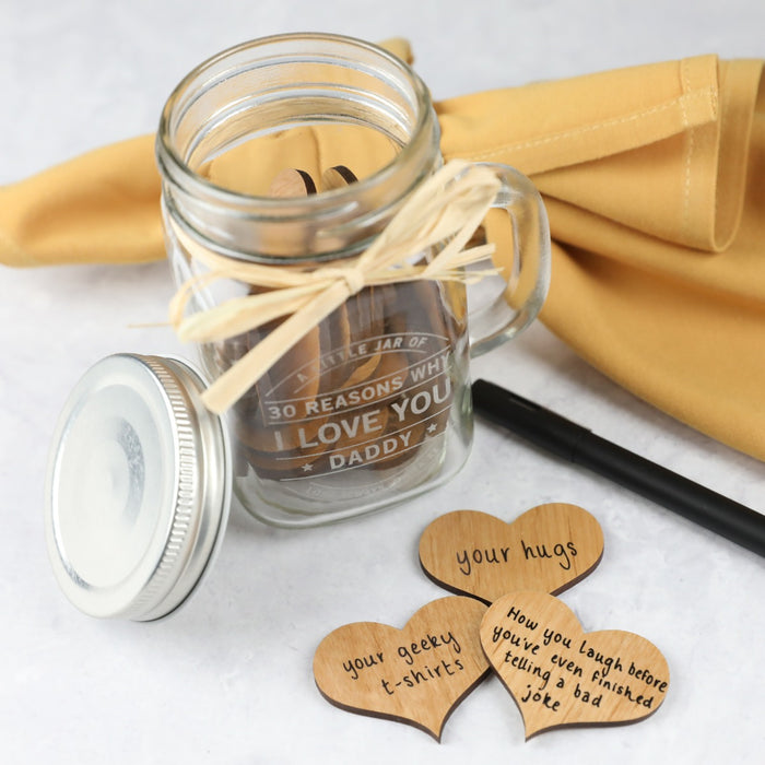 Custom Designed Engraved Father's Day Mason Jar filled with Wooden Hearts Present