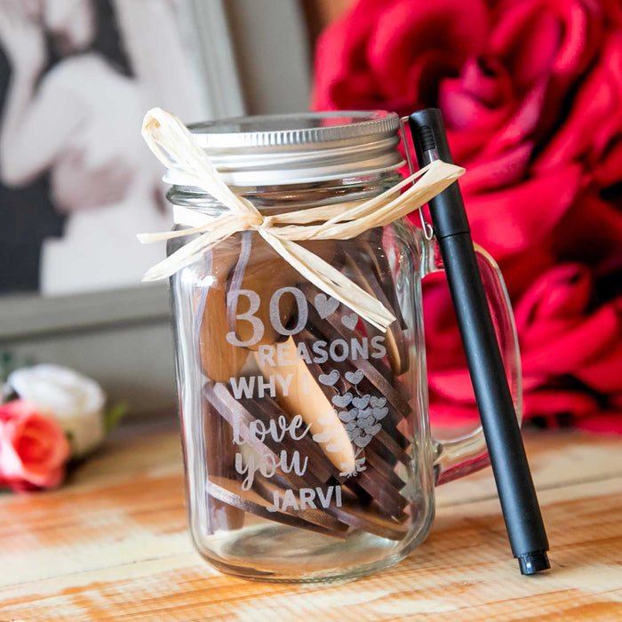 Personalised Engraved "30 reasons why I love you" Mason Jar with 30 laser cut Wooden Hearts inside present