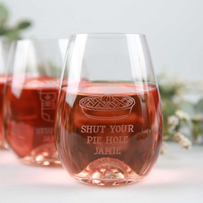 Personalised Engraved Shut you Pie Hole Christmas 460ml Stemless Wine Glasses