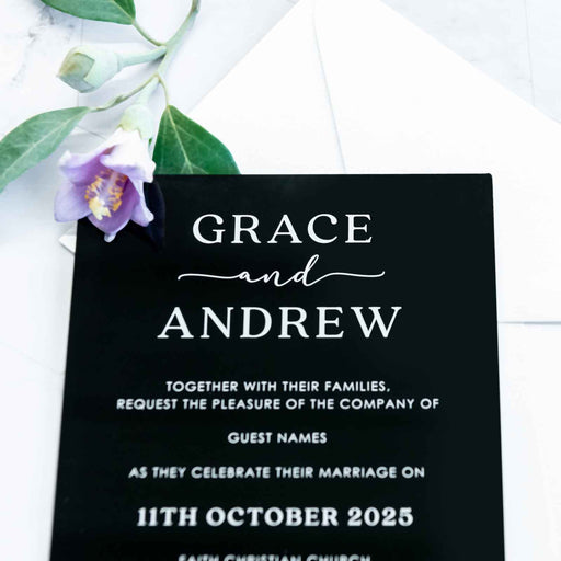 Customised Engraved Black Acrylic Wedding Invitation 5x7