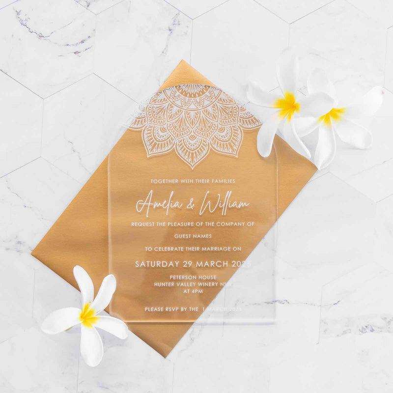 Custom Artwork Engraved 5x7 Clear Arch Wedding Invitations and Gold Envelopes