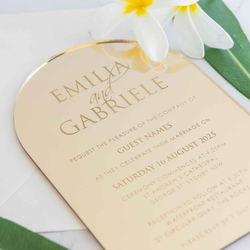 Personalised Engraved Arch 5x7 Mirror Gold Wedding Invitation