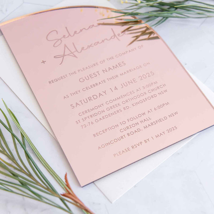 Customised Engraved 5x7 Mirror Rose Gold Semi Arch Wedding Invitations