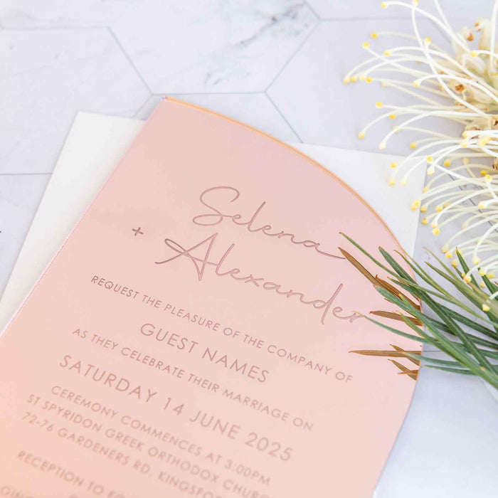 Custom Engraved 5x7 Mirror Rose Gold Semi Arch Wedding Invitations and Envelopes