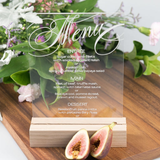 Personalised Engraved Clear Acrylic Wedding Reception Menu with Wooden Base