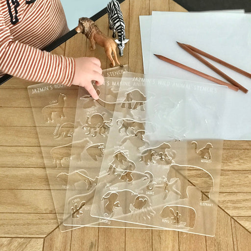 Personalised Engraved & Laser Cut Frosted Acrylic Animal Stencils Set of 3 with Wooden Pencils
