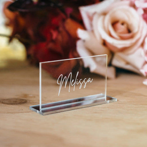 Engraved Personalised clear acrylic rectangle placecard with silver base