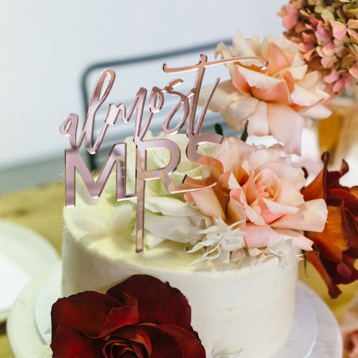 Laser Cut Rose Gold Acrylic Engagement Bridal Shower "Almost Mrs" Cake Topper