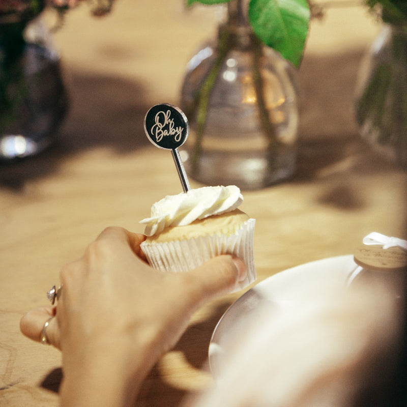 Custom Laser Cut & Engraved Silver Acrylic "Oh baby" Round baby Shower Cupcake Toppers