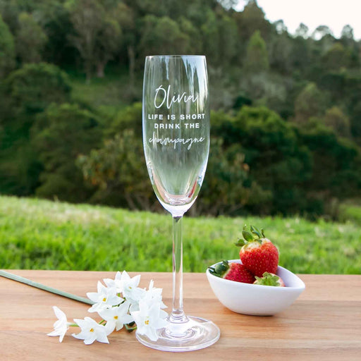 Personalised Engraved Name Lift is short Drink the Champagne Glass Flute
