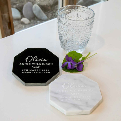 Custom Designed Engraved Birth Announcements Black Octagonal Marble Coasters Gift