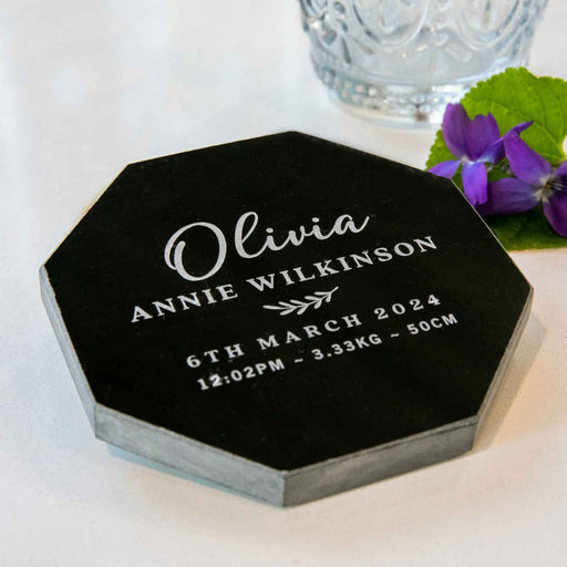Personalised Engraved Black and White Octagonal Birth Announcements Marble Coasters Gift