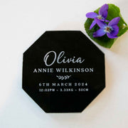 Custom Artwork Engraved Birth Announcements Octagonal Black Marble Coasters Present