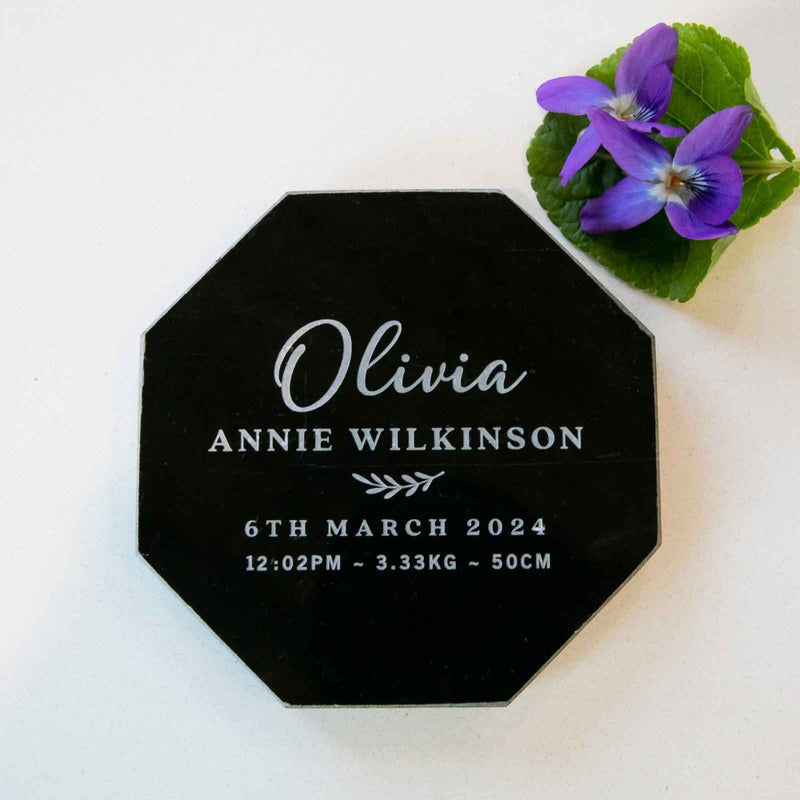 Custom Artwork Engraved Birth Announcements Octagonal Black Marble Coasters Present