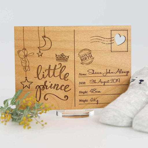 Personalised Engraved Wooden Baby Announcement or keepsake Postcard with Stand  Present