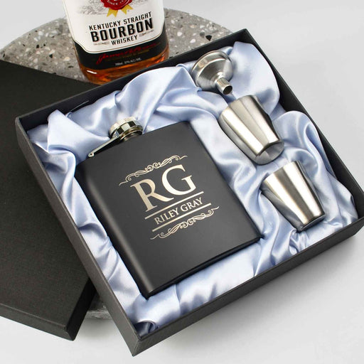 Personalised Engraved Black Birthday Hip Flask With Silver Shot Glasses