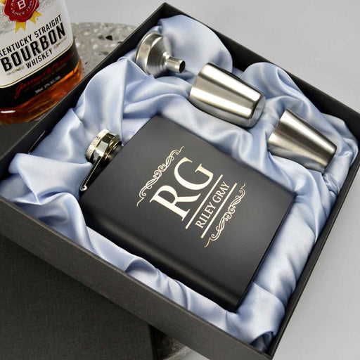 Customised Engraved Black Birthday Hip Flask With Silver Shot Glasses in Presentation Gift Box