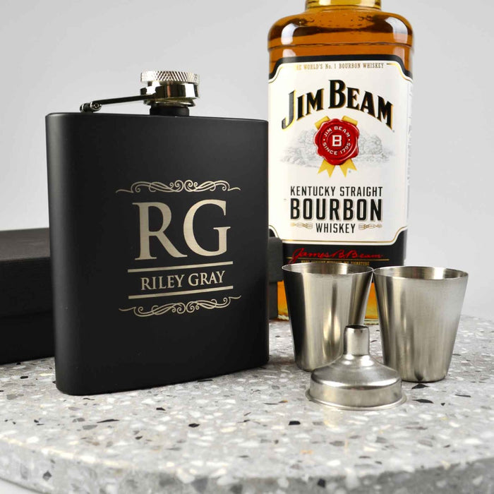 Custom Designed Engraved Birthday Black Hip Flask With Silver Shot Glasses and Funnel