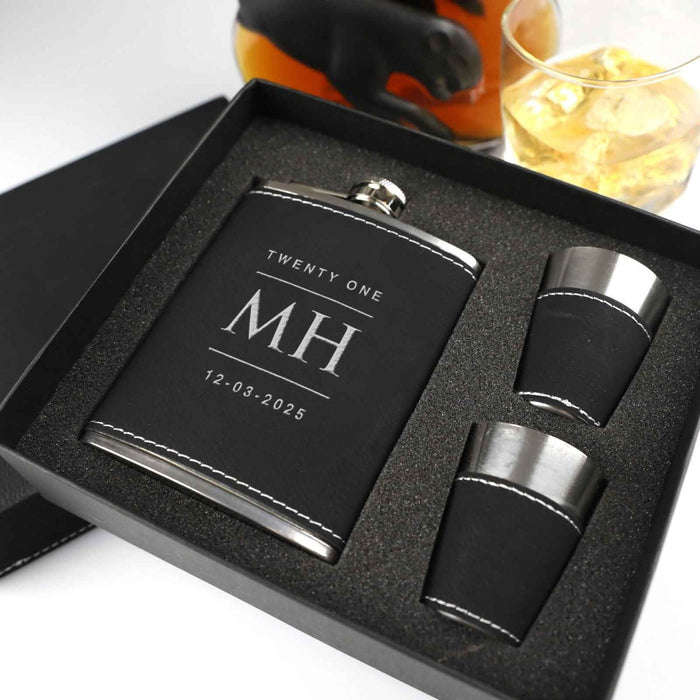 Custom Designed Engraved Black Leatherette Hip Flask, Shot glass & Gift Box Birthday Present