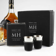 Personalised Engraved Birthday Black Leatherette 8oz Hip Flask Set Present