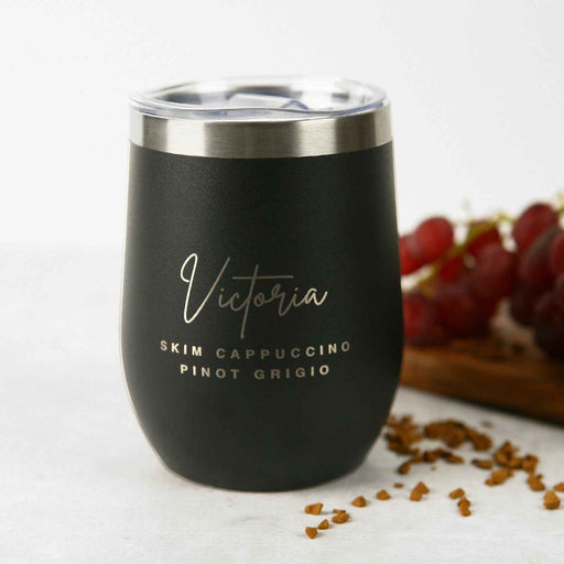Personalised Engraved Birthday Matte Black Coffee Keep Cup Wine Sipper Silver Rim Present