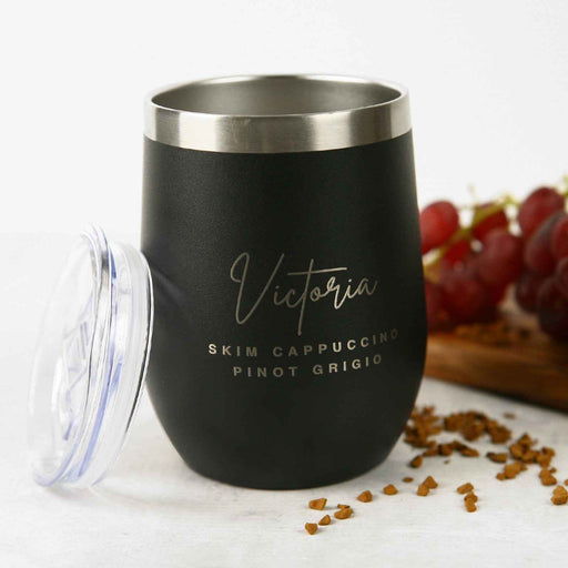 Customised  Engraved Birthday Matte Black Coffee Keep Cup Wine Sipper Silver Rim Gift