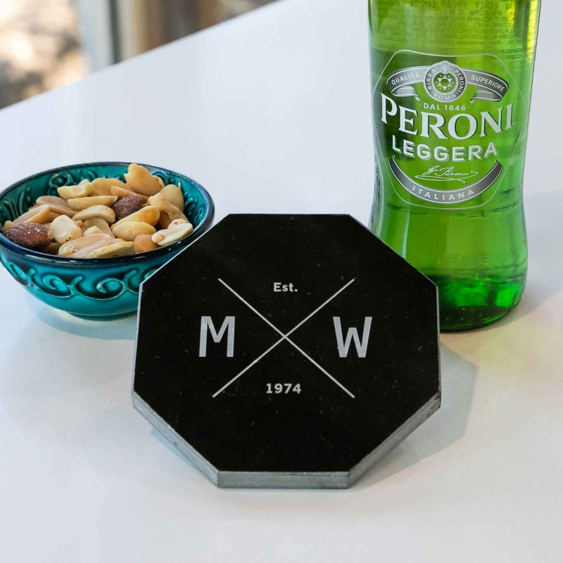 Custom Artwork Engraved Initials Black Birthday Octagon Marble Coaster Gift