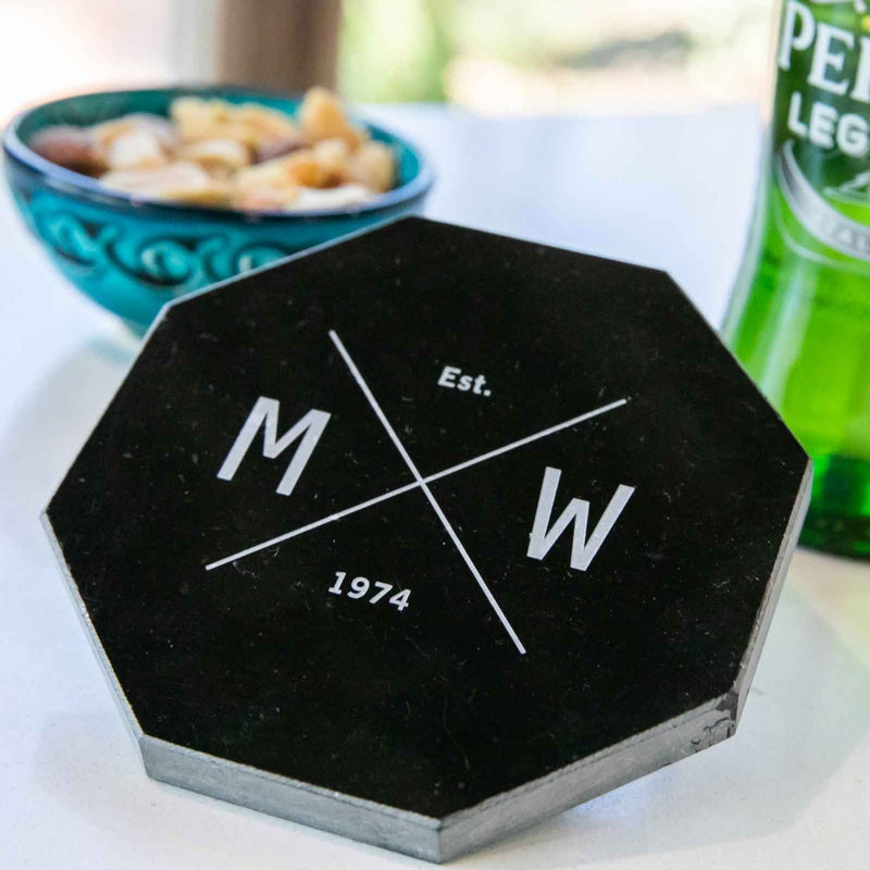 Custom Engraved Monogrammed Black Birthday Octagon Marble Coaster Gift