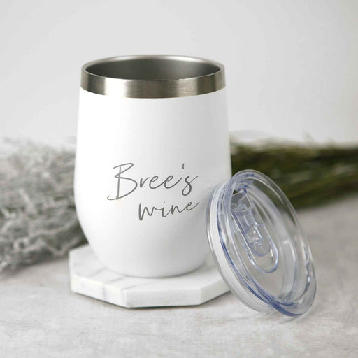 Custom Designed Engraved Birthday White Coffee Keep Cup Stemless Wine Sipper Silver Rim Present