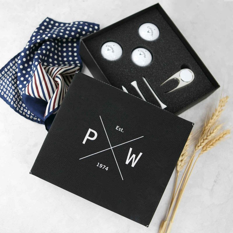 Custom Artwork Engraved Black Leatherette Golf Balls, White Tees, Ball Marker Set Birthday Gift