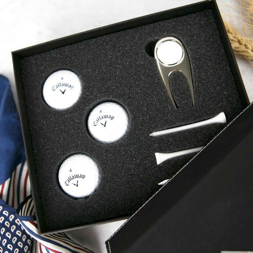 Customised Engraved Birthday Black Leatherette Golf Balls, White Tees, Ball Marker Set Present