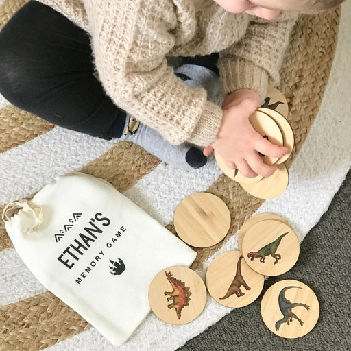 Personalised Printed Dinosaur Wooden Memory Game with Calico Bag
