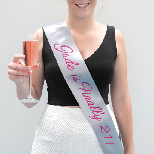 Personalised Silver Satin Sash with Pink Glitter Print Silver