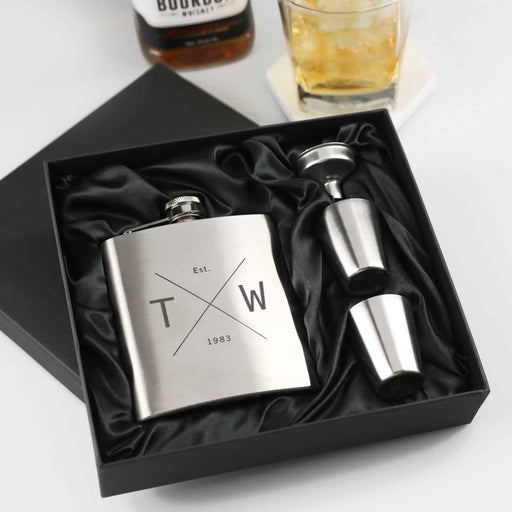 Personalised Engraved Birthday 6oz Silver Hip Flask with Funnel and Shot Glasses Present