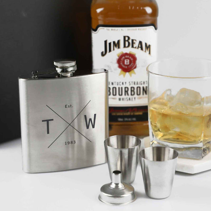 Custom Designed Engraved 6oz Silver Hip Flask with Funnel and Shot Glasses Birthday Present