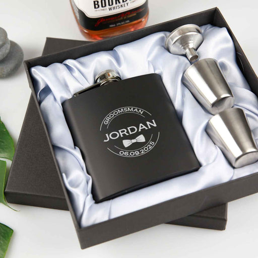 Personalised engraved wedding bridal party 6oz Black Hip Flask with Funnel and Shot Glasses