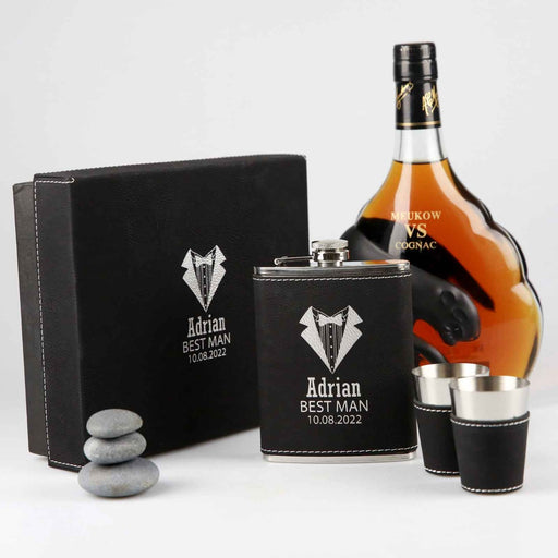 Personalised engraved bridal party gift Black Leatherette Hip Flask Set including 2 shot glasses