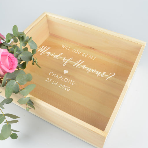 Personalised engraved maid of honour clear acrylic lid on wooden gift box